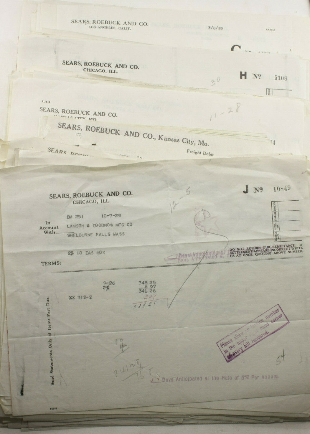 1929 Lamson Goodnow Sears Roebucks Co Vouchers Statements Memos Ephemera P1249 1929 Lamson Goodnow Sears Roebucks Co Vouchers Statements Memos Ephemera P1249