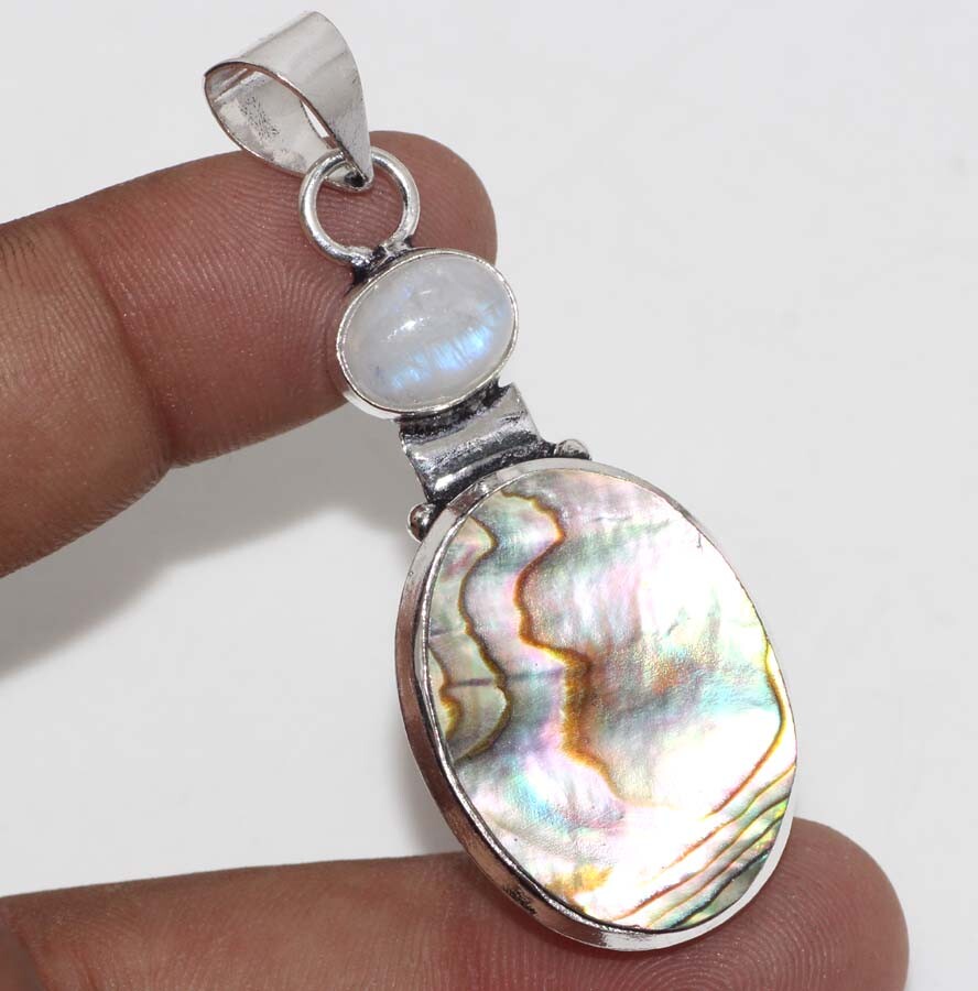 Abalone Shell Rainbow Moonstone 925 Silver Plated Pendant 2.2″ Jewelry GW Abalone Shell Rainbow Moonstone 925 Silver Plated Pendant 2.2″ Jewelry GW