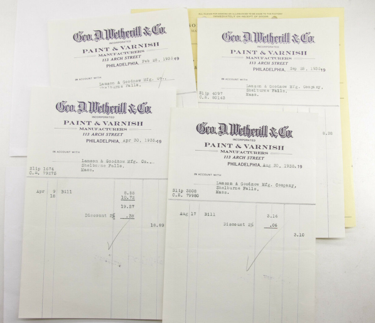 1935 Lamson Goodnow Geo D Wetherill Co Philadelphia PA Vouchers Ephemera P771C 1935 Lamson Goodnow Geo D Wetherill Co Philadelphia PA Vouchers Ephemera P771C