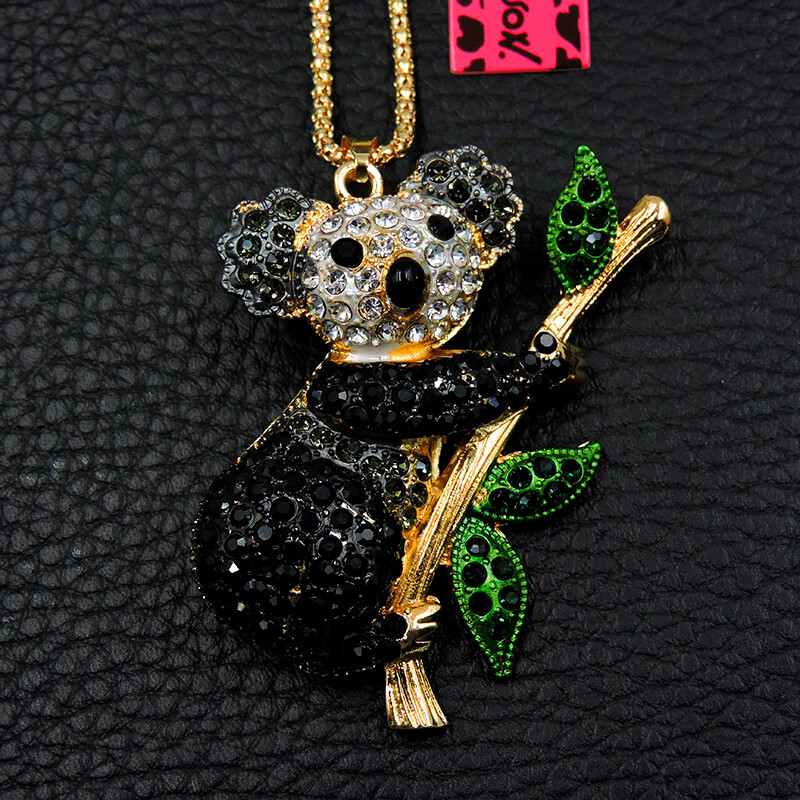 Black Rhinestone Bling Koala Crystal Pendant Betsey Johnson Chain Necklace Black Rhinestone Bling Koala Crystal Pendant Betsey Johnson Chain Necklace