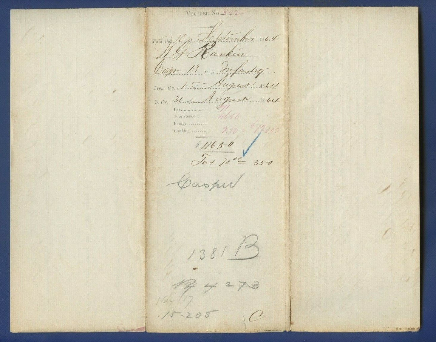 Vintage 1864 Civil War Payment Voucher Infantry Captain W.G. Rankin !!!! Vintage 1864 Civil War Payment Voucher Infantry Captain W.G. Rankin !!!!