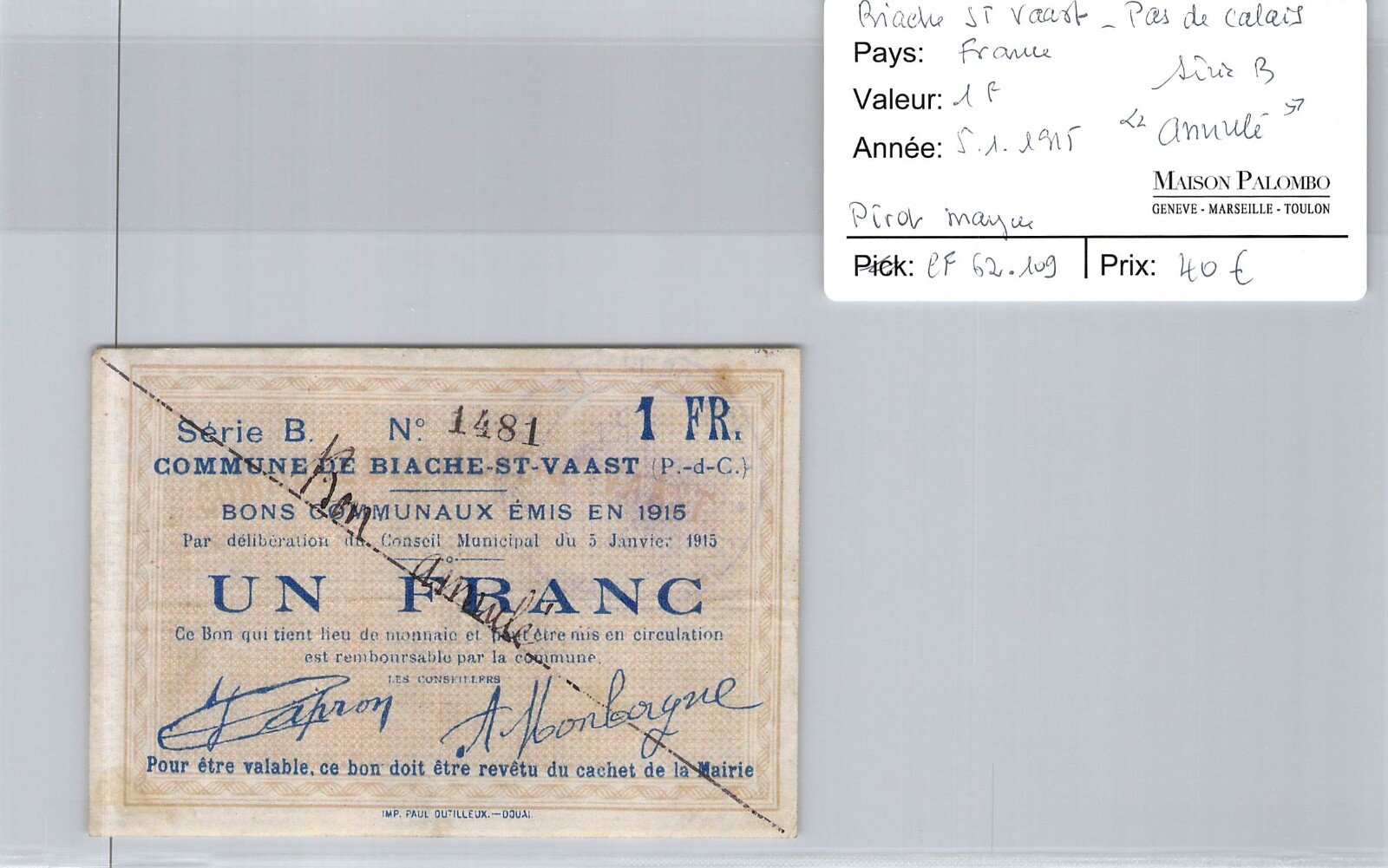 Vouchers Common Land Khalidiyah St Vasst 1 Franc 5/1/1915 Series B ” Cancel ” N# Vouchers Common Land Khalidiyah St Vasst 1 Franc 5/1/1915 Series B ” Cancel ” N#
