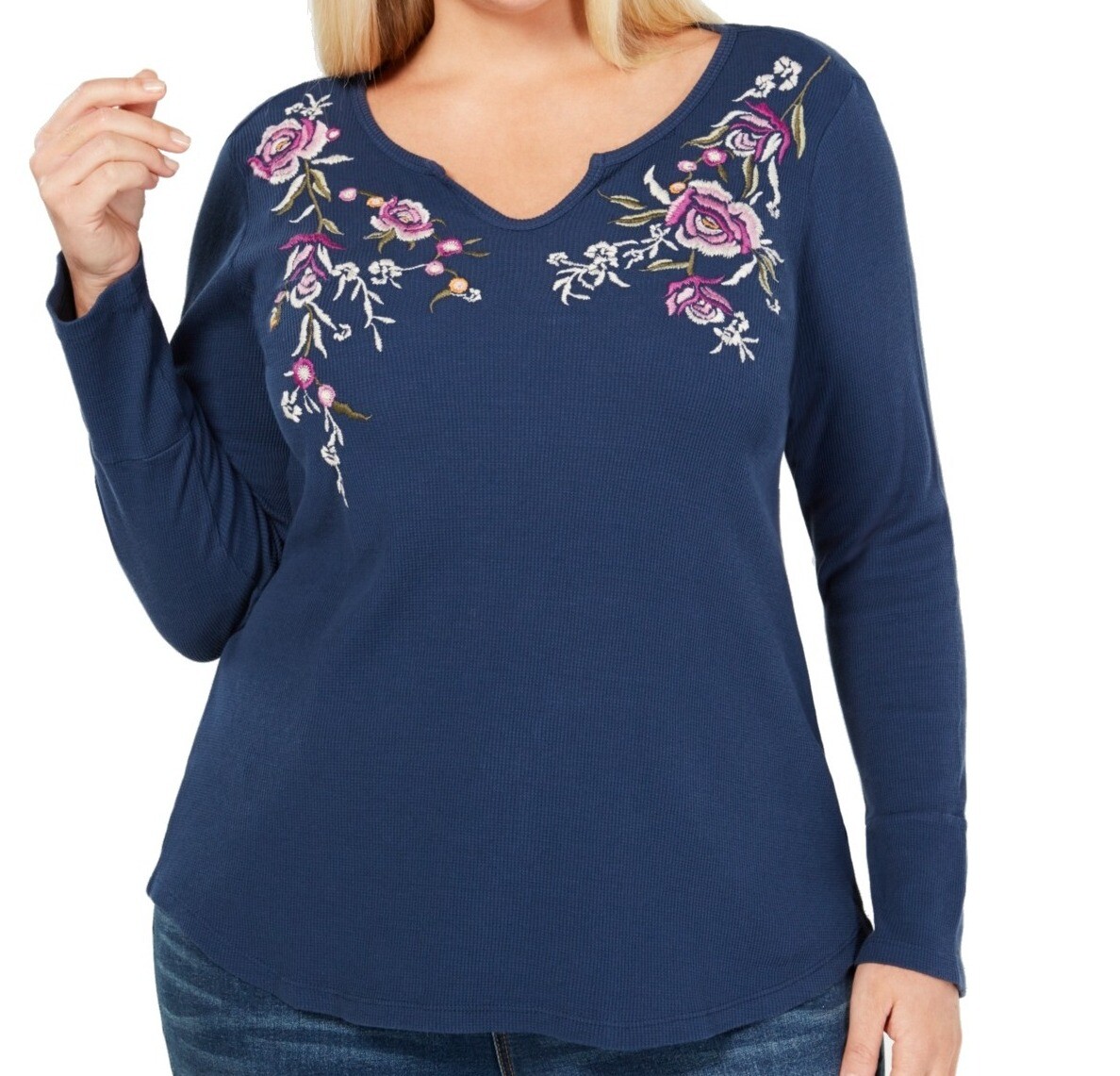 Style & Co. Womens Top Blue Size 3X Plus Floral Embroidered Waffle Knit $49 292