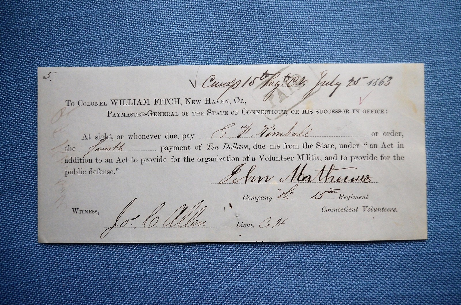 Three Pay Vouchers For G.H. Kimball, CT Volunteer Militia, 1863 Three Pay Vouchers For G.H. Kimball, CT Volunteer Militia, 1863
