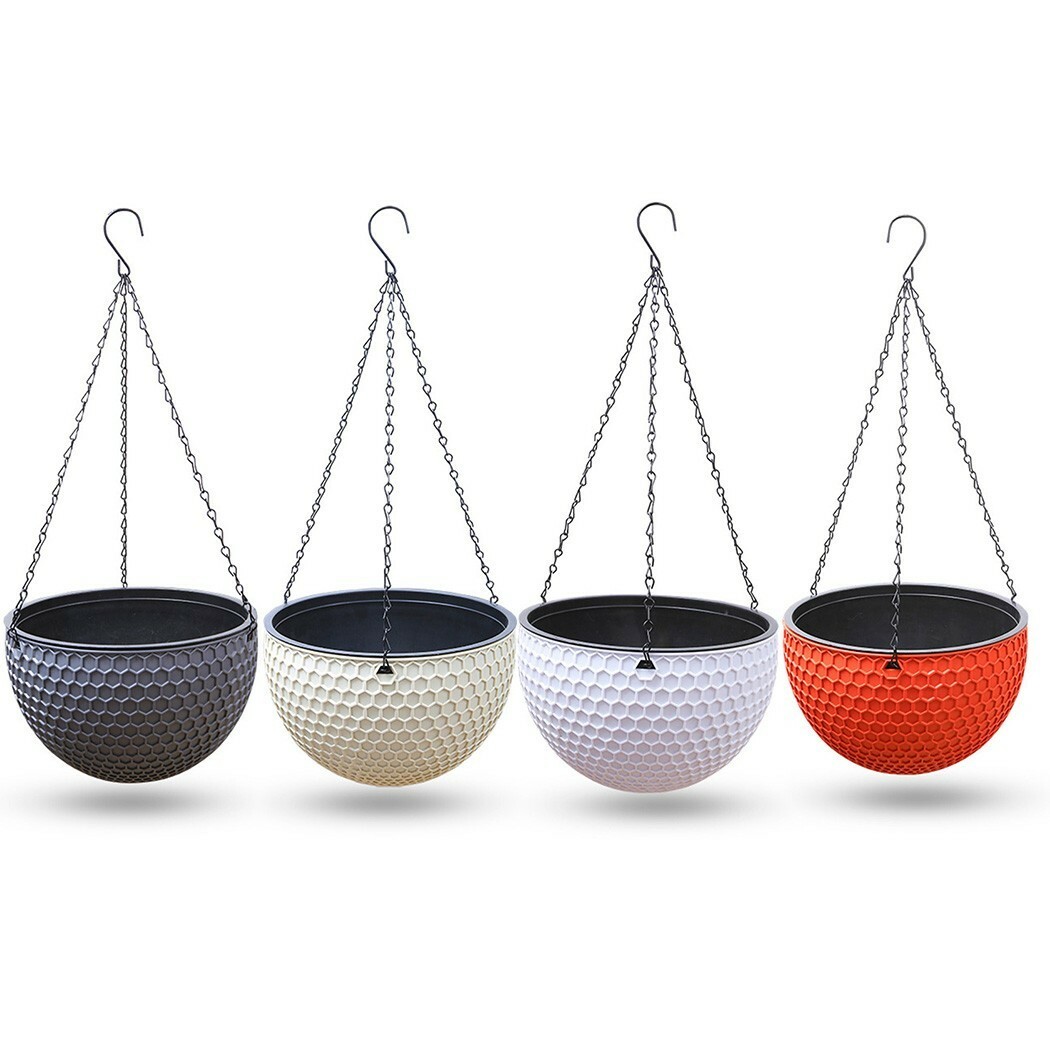 Rattan Plaited Hanging-Baskets Plant Flower Pots Resin Planters W/ Chain Garden