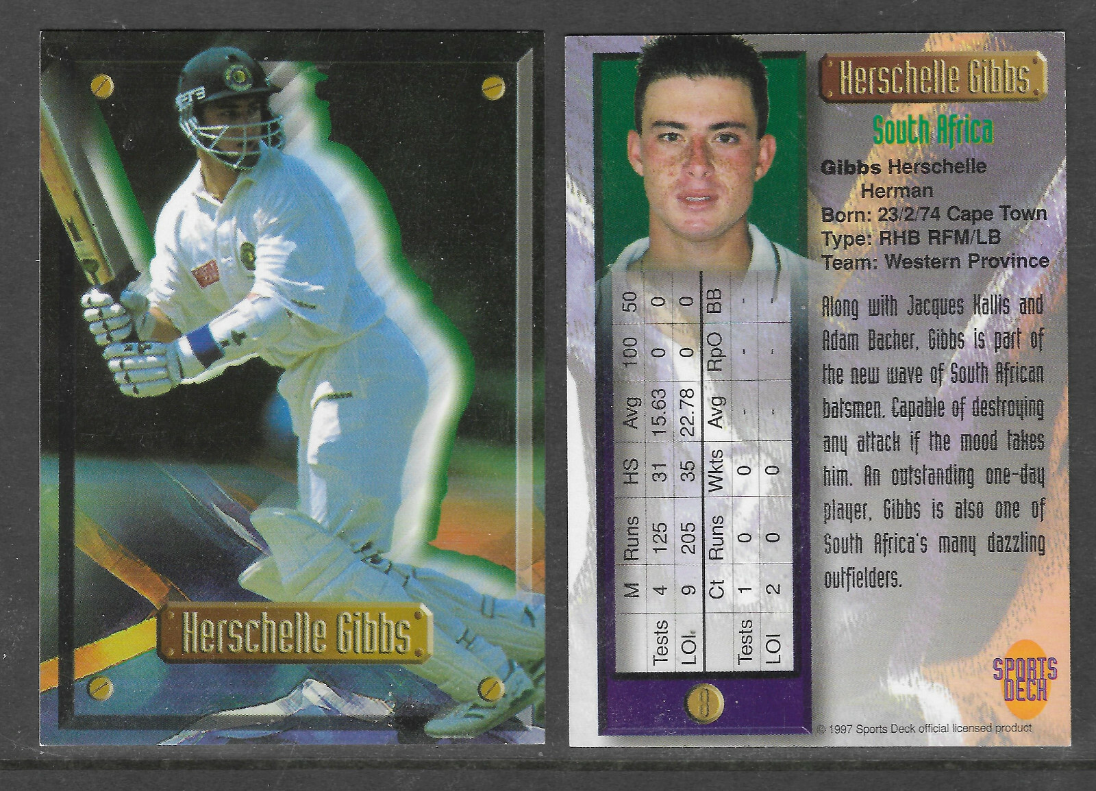 HERSCHELLE GIBBS (South Africa) 1997 South Africa SPORTS DECK CRICKET CARD #8 HERSCHELLE GIBBS (South Africa) 1997 South Africa SPORTS DECK CRICKET CARD #8