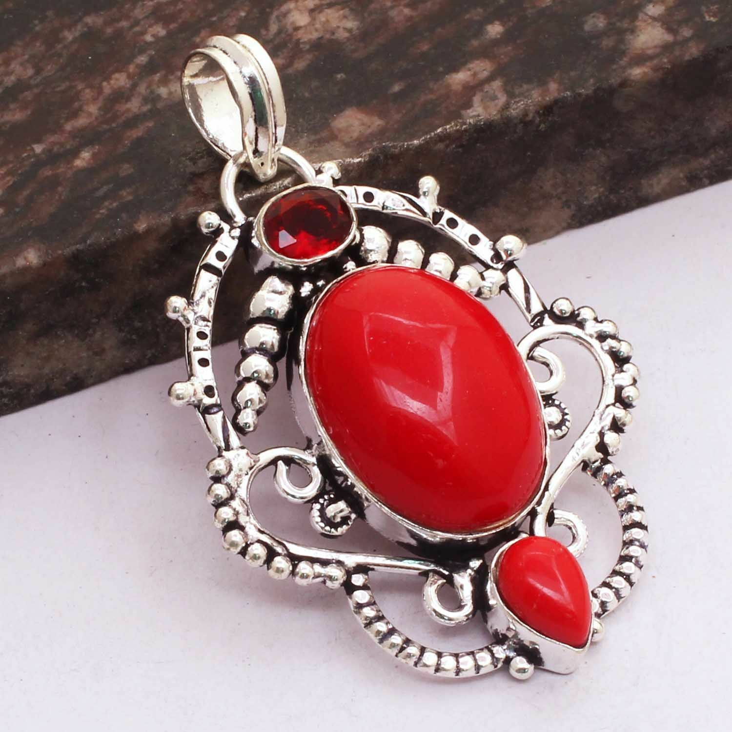 Coral Garnet Ethnic Handmade Pendant Jewelry 2.48″ AP 42607 Coral Garnet Ethnic Handmade Pendant Jewelry 2.48″ AP 42607