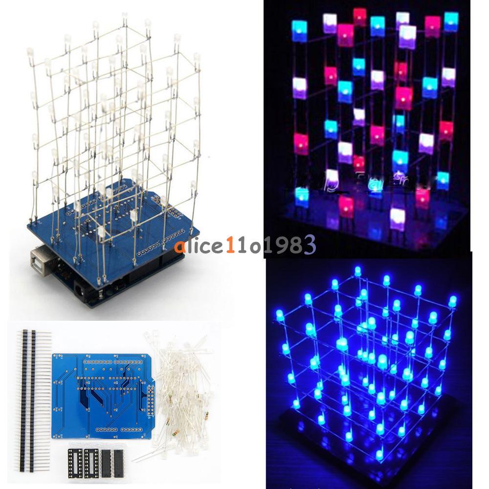 Electronics Kits 4x4x4 Blue 3D LED Cube For Arduino uno shield LED DIY + Case Electronics Kits 4x4x4 Blue 3D LED Cube For Arduino uno shield LED DIY + Case