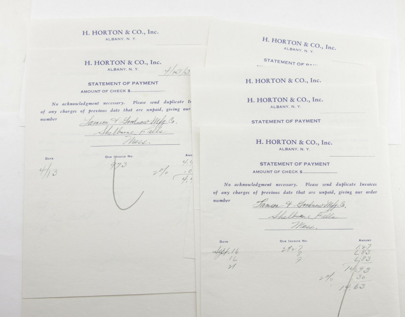 1935 Lamson Goodnow H Horton and Co Albany NY Payment Vouchers Ephemera P770D 1935 Lamson Goodnow H Horton and Co Albany NY Payment Vouchers Ephemera P770D