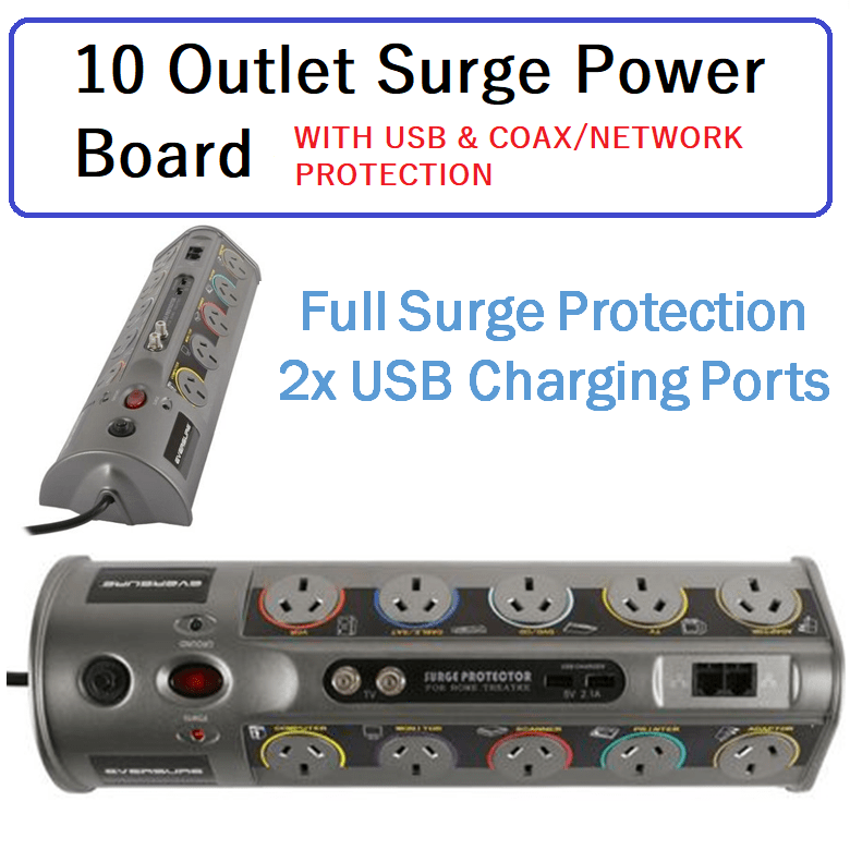 10 Outlet Surge Power Board TV Computer Socket Protector Electrical Way USB Data 10 Outlet Surge Power Board TV Computer Socket Protector Electrical Way USB Data