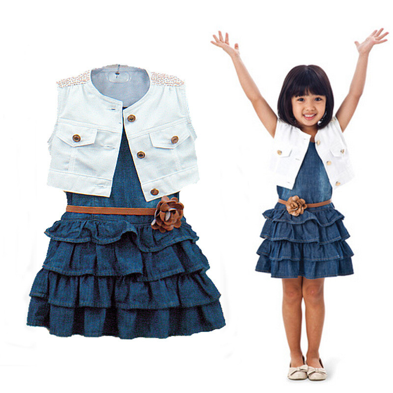 Kids Baby Girl Toddler Sleeveless Denim Vest+Dress+Belt 3pcs Fashion Clothes Set
