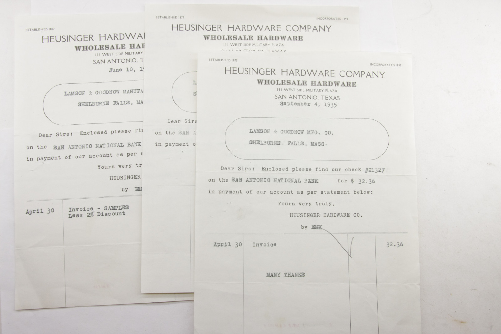 1935 Lamson Goodnow Heusinger Hardware Co San Antonio TX Vouchers Ephemera P769H