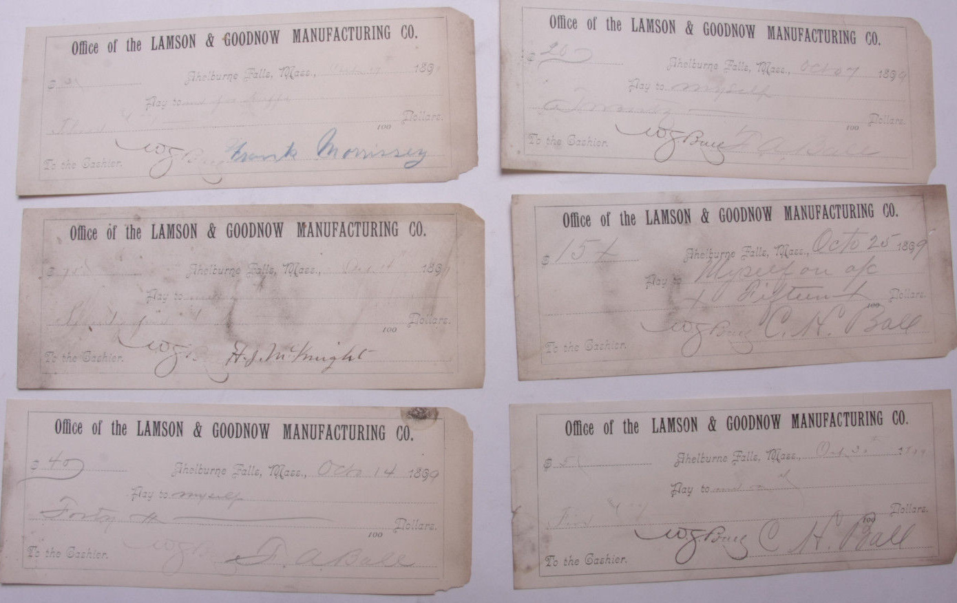 1899 Lamson Goodnow (6) Signed Pay Vouchers Antique Hand Written Ephemera C28-5 1899 Lamson Goodnow (6) Signed Pay Vouchers Antique Hand Written Ephemera C28-5