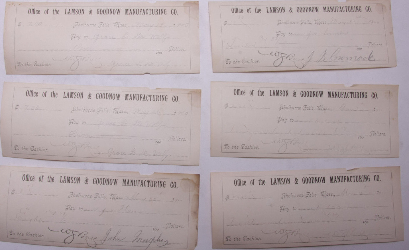 1900 Lamson Goodnow (6) Signed Pay Vouchers Antique Hand Written Ephemera C28-34 1900 Lamson Goodnow (6) Signed Pay Vouchers Antique Hand Written Ephemera C28-34
