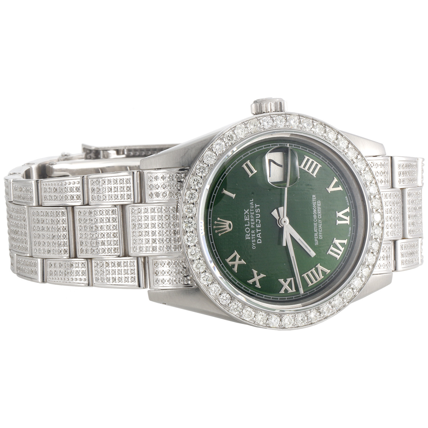 Mens Rolex 36mm DateJust Diamond Watch Fully lced Band Green Roman Dial 5 CT. Mens Rolex 36mm DateJust Diamond Watch Fully lced Band Green Roman Dial 5 CT.