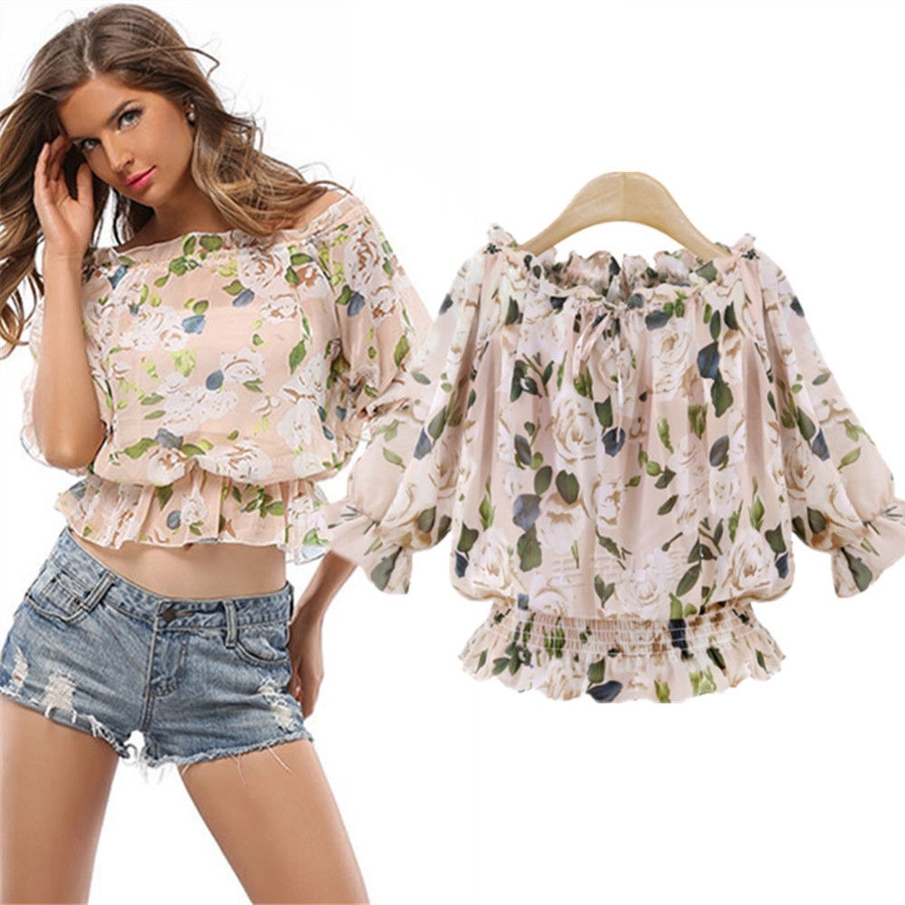 Summer Fashion Women’s Casual Loose 1/2 Sleeve Chiffon Elastic Waist Blouse Top Summer Fashion Women’s Casual Loose 1/2 Sleeve Chiffon Elastic Waist Blouse Top