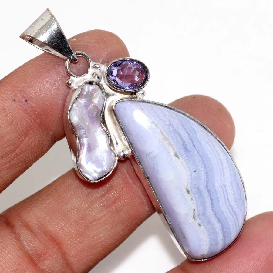 Blue Lace Biwa Pearl 925 Silver Plated Pendant 2.4″ Unique Jewelry GW Blue Lace Biwa Pearl 925 Silver Plated Pendant 2.4″ Unique Jewelry GW