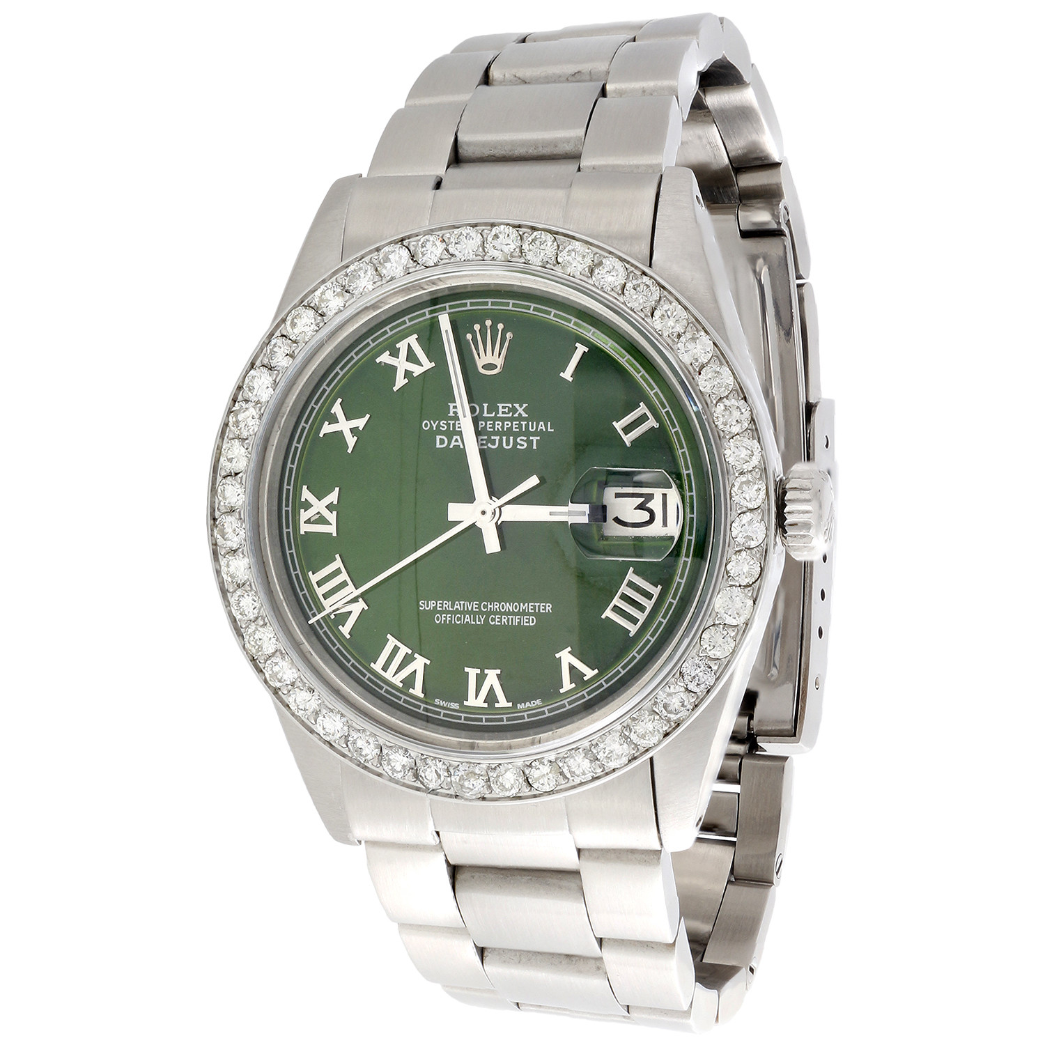 Mens Rolex 36mm DateJust Diamond Watch Oyster Steel Band Green Roman Dial 1.9 CT Mens Rolex 36mm DateJust Diamond Watch Oyster Steel Band Green Roman Dial 1.9 CT