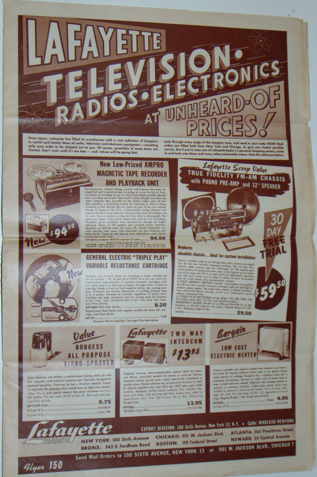 VINTAGE 1950 LAFAYETTE ELECTRONICS SALE FLYER! TV SETS ! TUBE RADIOS VINTAGE 1950 LAFAYETTE ELECTRONICS SALE FLYER! TV SETS ! TUBE RADIOS