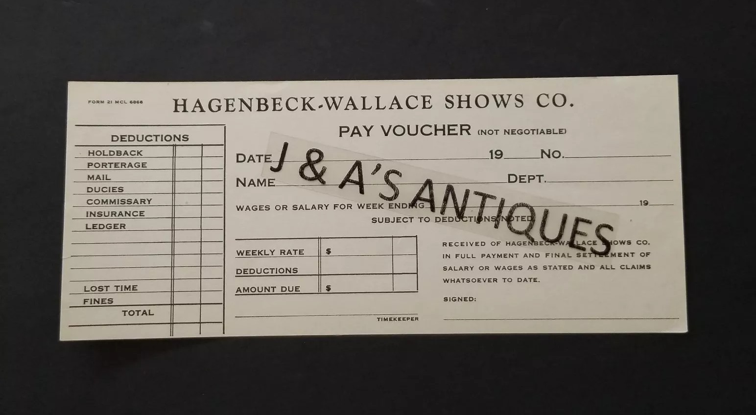 Vintage ~ Hagenbeck-Wallace Shows Co. ~ Pay Voucher (Unused/Blank) Vintage ~ Hagenbeck-Wallace Shows Co. ~ Pay Voucher (Unused/Blank)