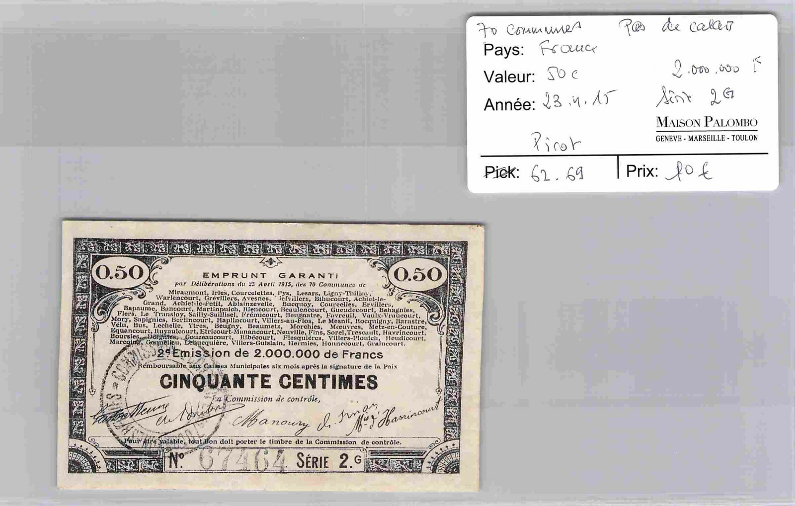 Vouchers Common Land 70 Pas De Calais- 50 Cents 23/4/15 Series 2g – N° 67464 Vouchers Common Land 70 Pas De Calais- 50 Cents 23/4/15 Series 2g – N° 67464