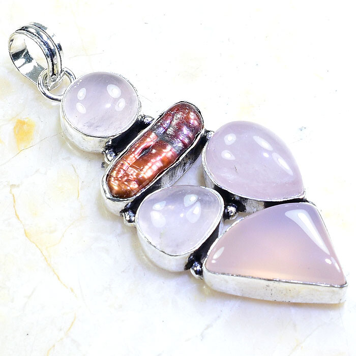 ROSE QUARTZ+BIWA PEARL PENDANT 2 3/4″; X94093
