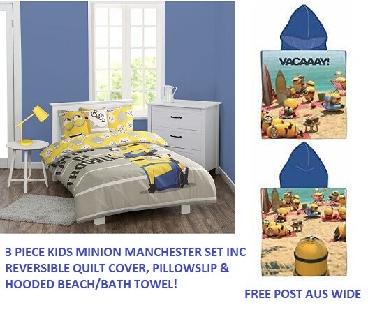 SINGLE MINIONS BELLO QUILT DOONA COVER PILLOWCASE SET + HOODED BEACH BATH TOWEL! SINGLE MINIONS BELLO QUILT DOONA COVER PILLOWCASE SET + HOODED BEACH BATH TOWEL!