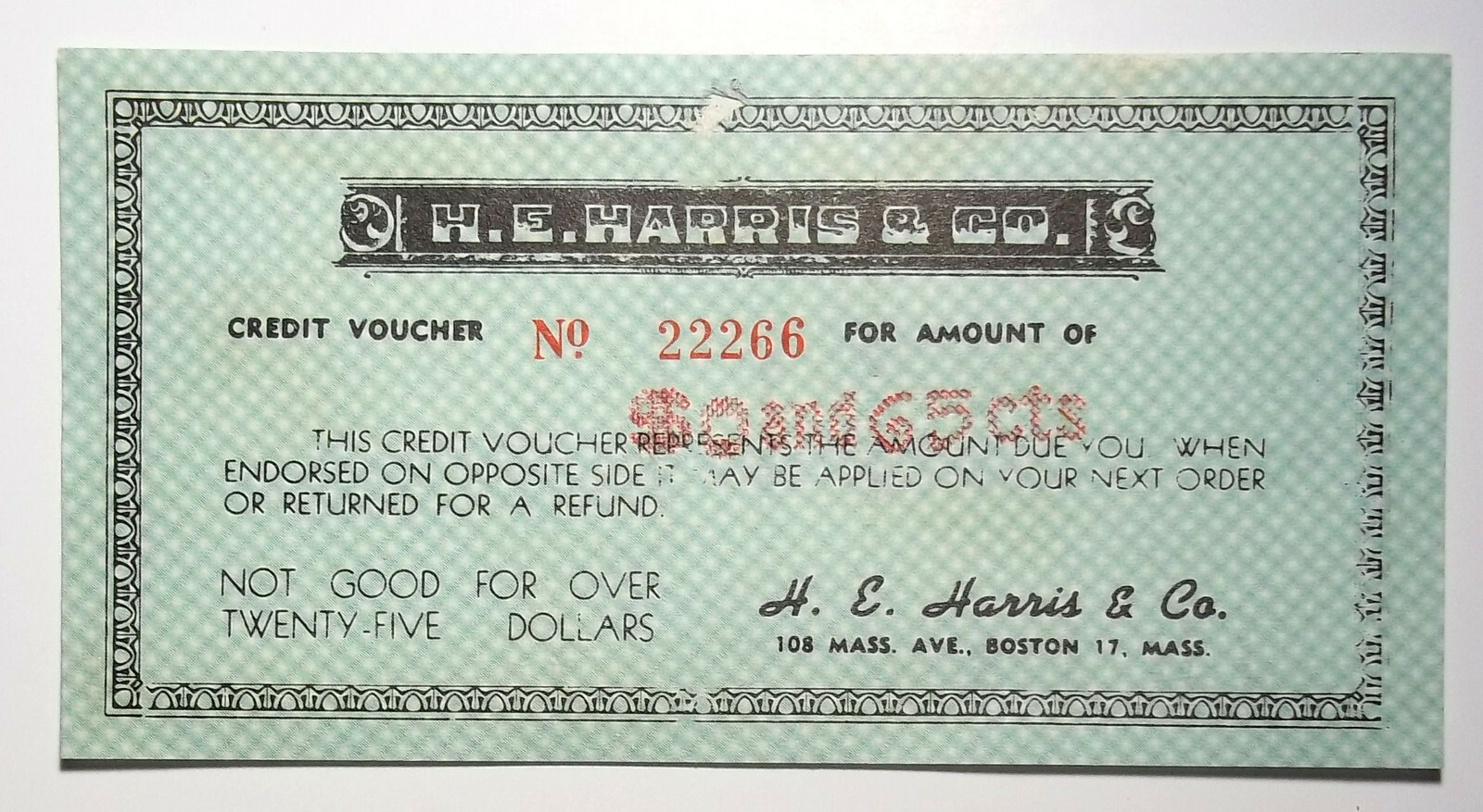 Vintage – H.E. Harris & Co. Boston, Mass. Credit Voucher Vintage – H.E. Harris & Co. Boston, Mass. Credit Voucher