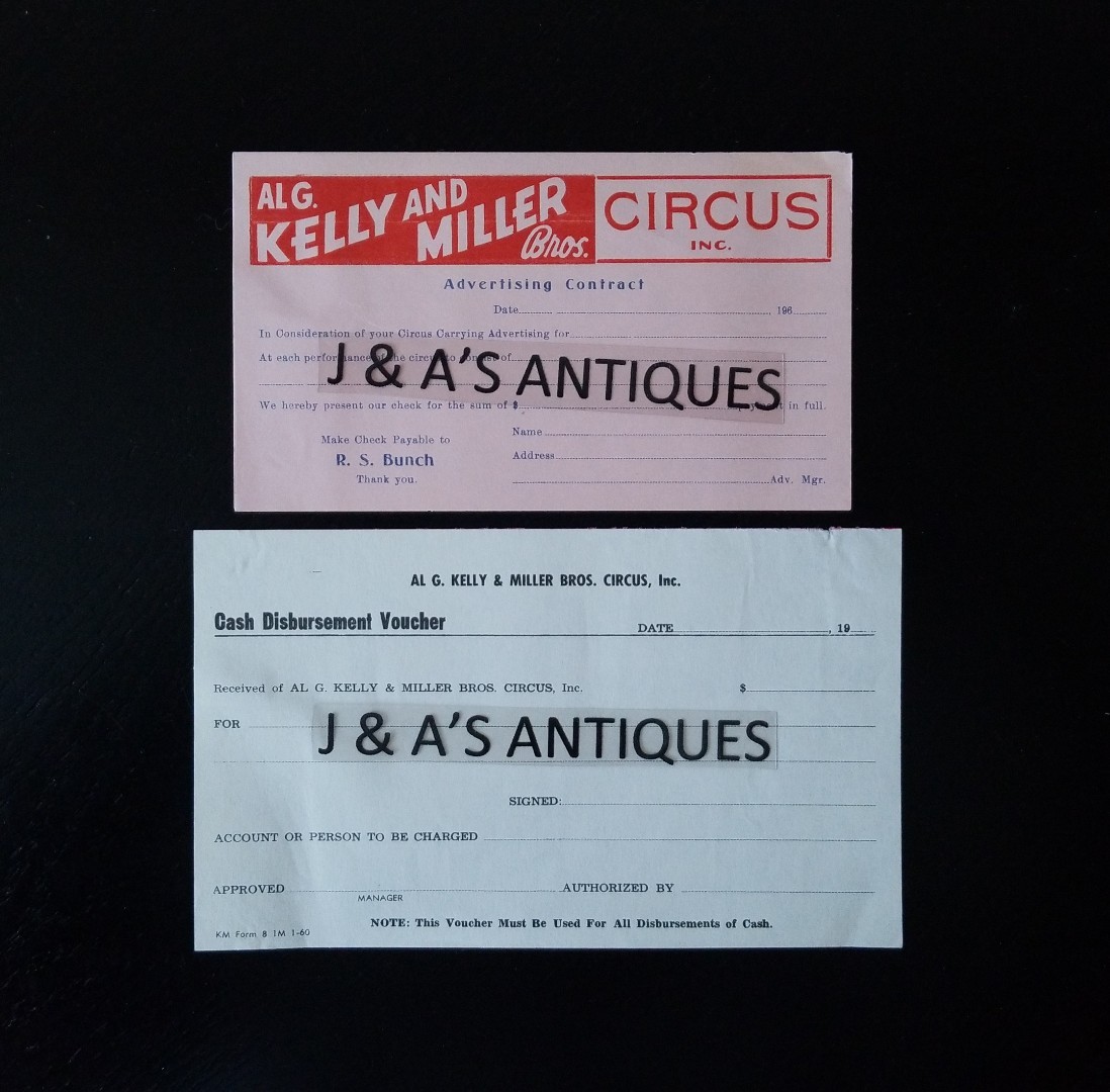 Al G Kelly & Miller Bros Circus ~ 2 Items: Cash Voucher AND Advertising Contract Al G Kelly & Miller Bros Circus ~ 2 Items: Cash Voucher AND Advertising Contract