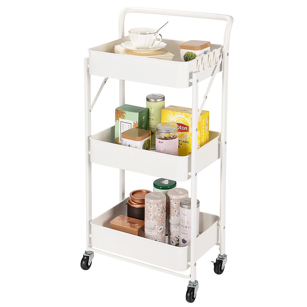 3-Tier Foldable Metal Utility Cart Kitchen Rolling Storage Cart with Wheels