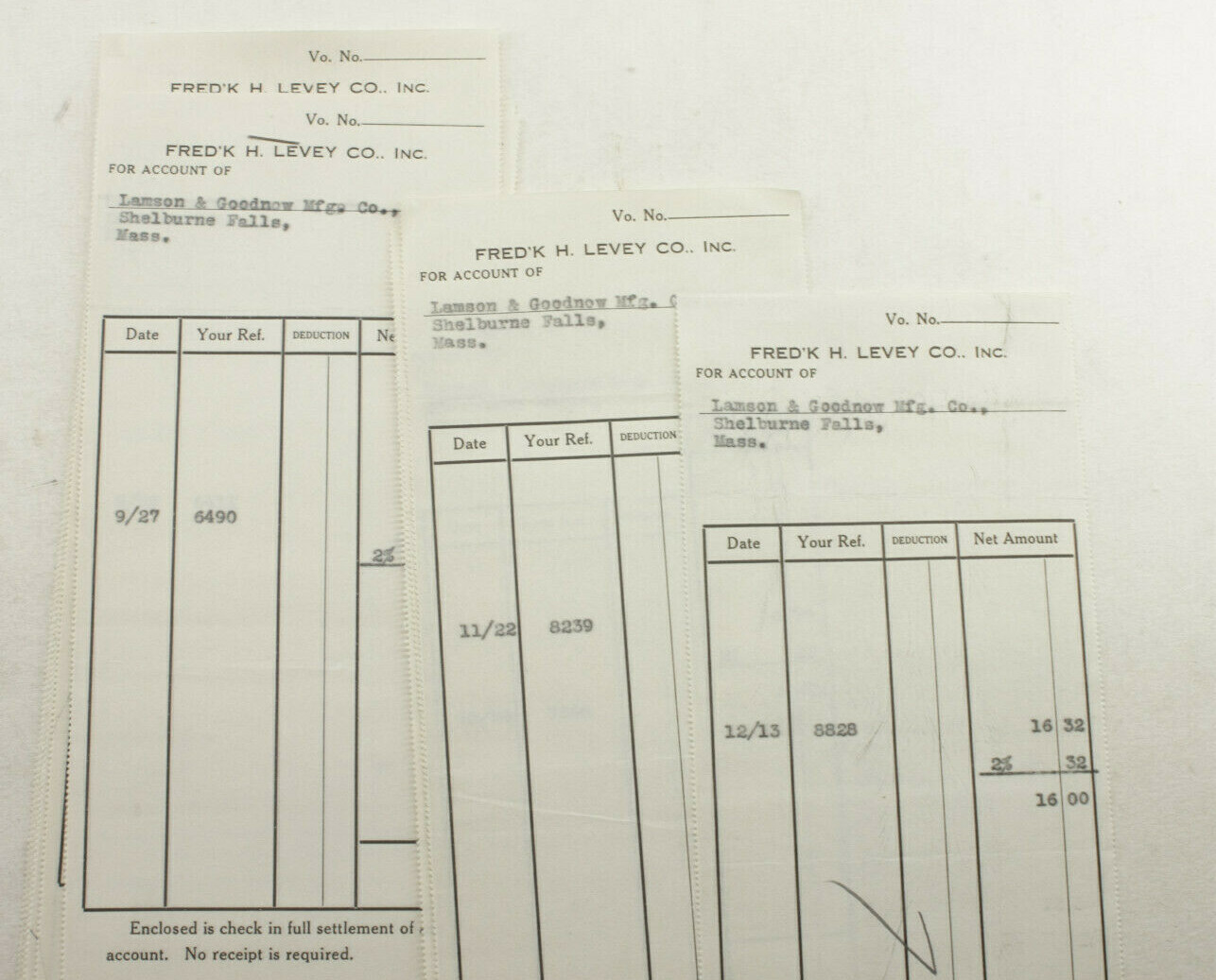 1933 Lamson Goodnow Fred’K H Levey Co NYC Voucher Stubs Ephemera P1275H 1933 Lamson Goodnow Fred’K H Levey Co NYC Voucher Stubs Ephemera P1275H