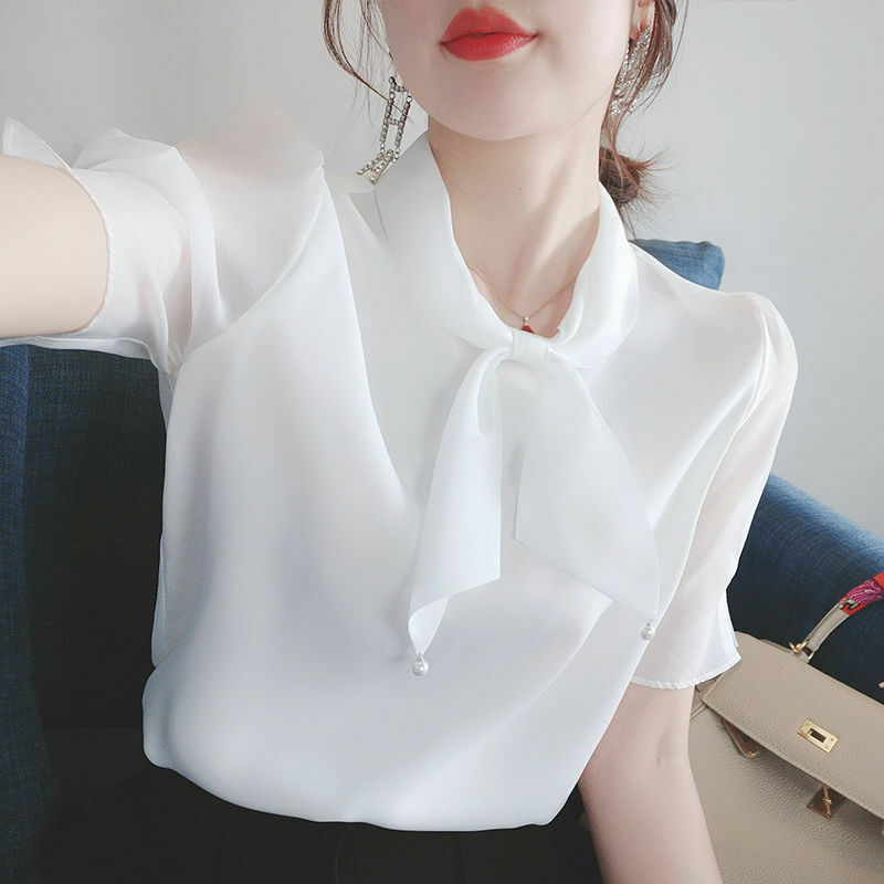 Women T-Shirt Bowknot Short Sleeves Chiffon Shirt Summer Fashion Loose Tops Chic Women T-Shirt Bowknot Short Sleeves Chiffon Shirt Summer Fashion Loose Tops Chic