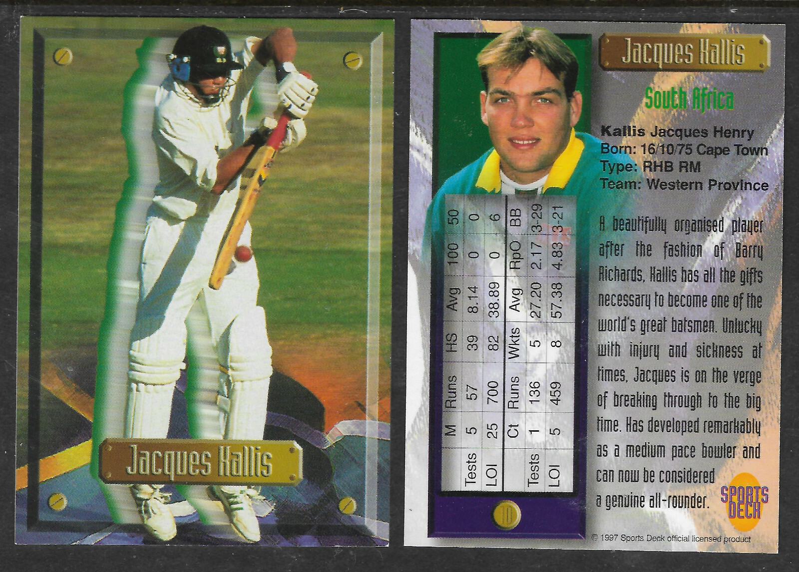 JACQUES KALLIS (South Africa) 1997 South Africa SPORTS DECK CRICKET CARD #10 JACQUES KALLIS (South Africa) 1997 South Africa SPORTS DECK CRICKET CARD #10