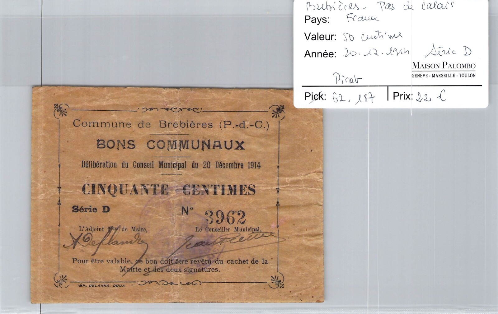 Vouchers Common Land Jose Pas De Calais 50 Cents 20/12/1914 N° 3962 Series D Vouchers Common Land Jose Pas De Calais 50 Cents 20/12/1914 N° 3962 Series D