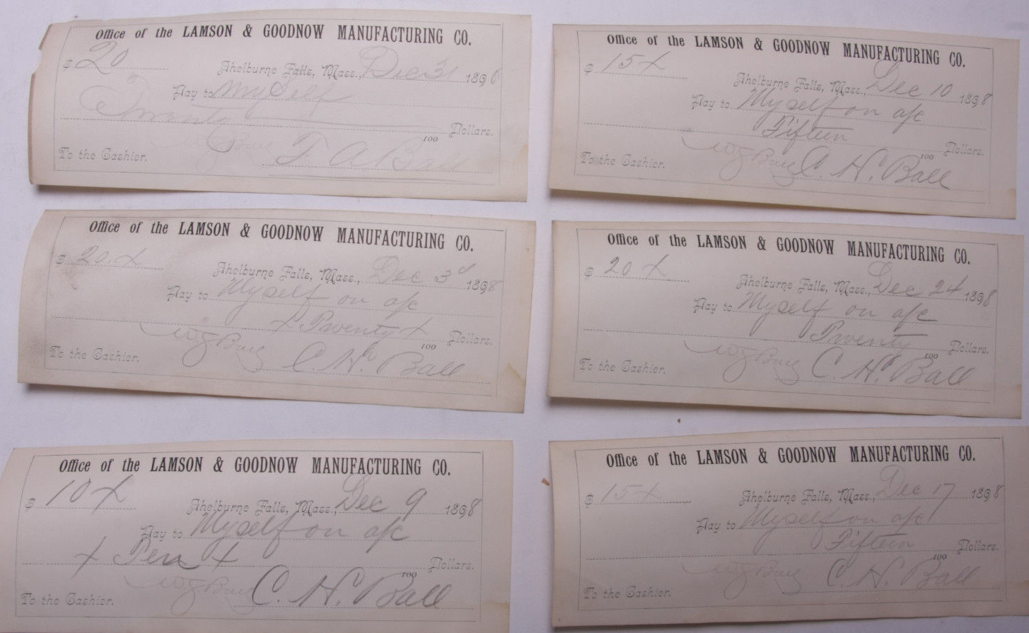 1898 Lamson Goodnow (6) Signed Pay Vouchers Antique Hand Written Ephemera C28-16 1898 Lamson Goodnow (6) Signed Pay Vouchers Antique Hand Written Ephemera C28-16