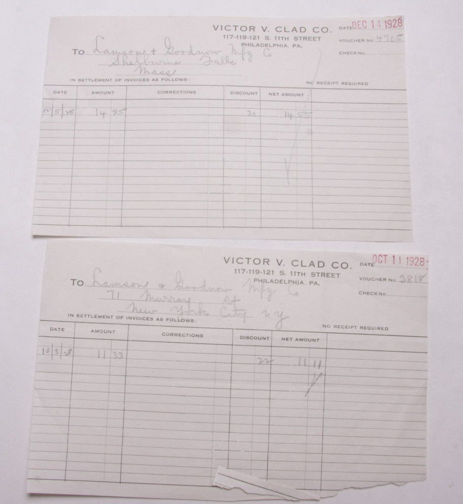 1928 Lamson Goodnow Victor V Clad Co Philadelphia PA Vouchers Ephemera L285H 1928 Lamson Goodnow Victor V Clad Co Philadelphia PA Vouchers Ephemera L285H