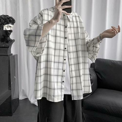 Men Fashion Summer Korean Style Elbow Sleeve Losse Square Neck Plaid T-shirts