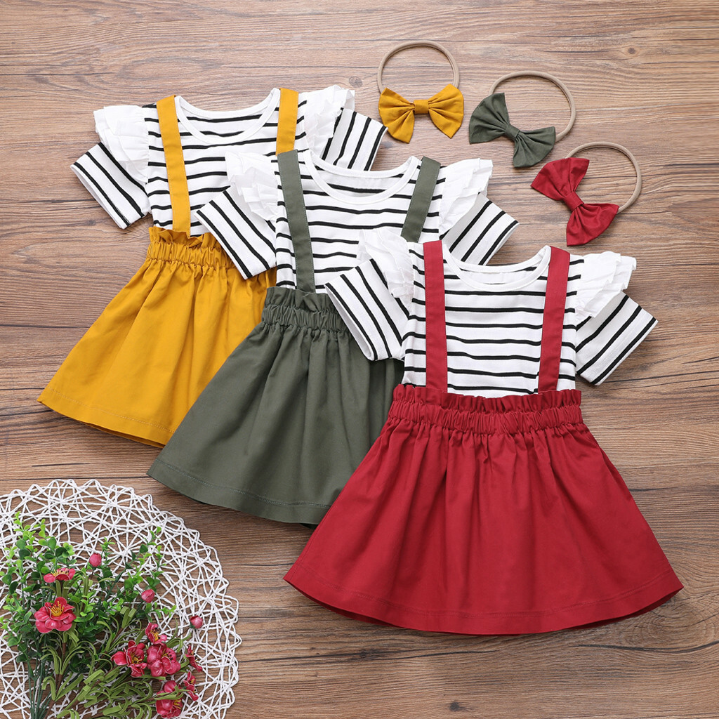 Fashion Toddler Kids Baby Girls Striped Tops Suspender Skirts Headbands Outfits Fashion Toddler Kids Baby Girls Striped Tops Suspender Skirts Headbands Outfits
