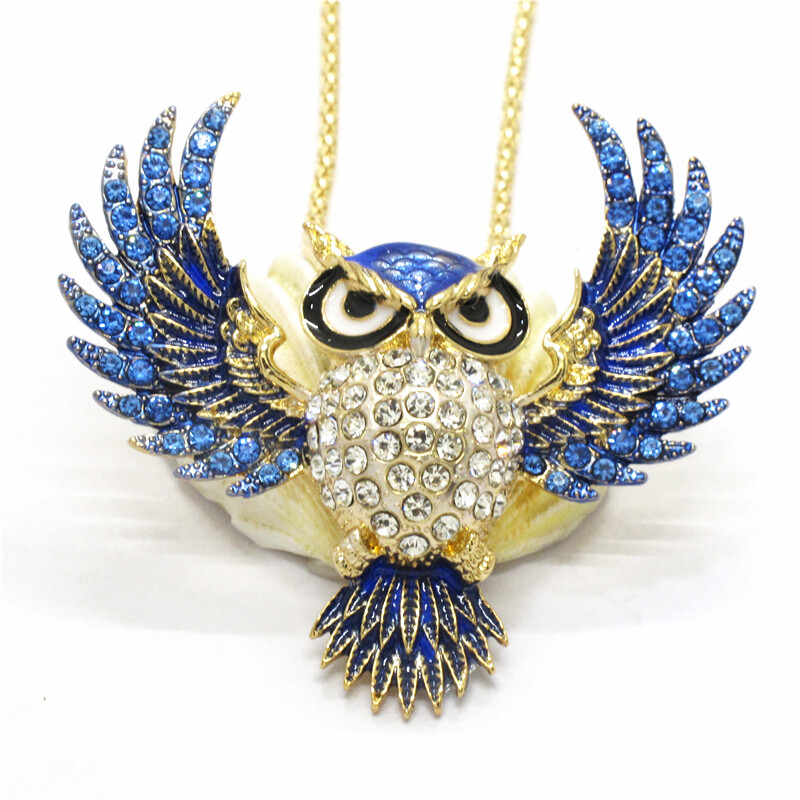 Hot Blue Enamel Cute Owl Animal Crystal Jewelry Fashion Pendant Women Necklace