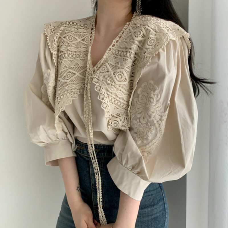 Fashion Womens Hollow Out Floral Lace Lapel V Neck Puff Sleeves Casual Shirt New Fashion Womens Hollow Out Floral Lace Lapel V Neck Puff Sleeves Casual Shirt New
