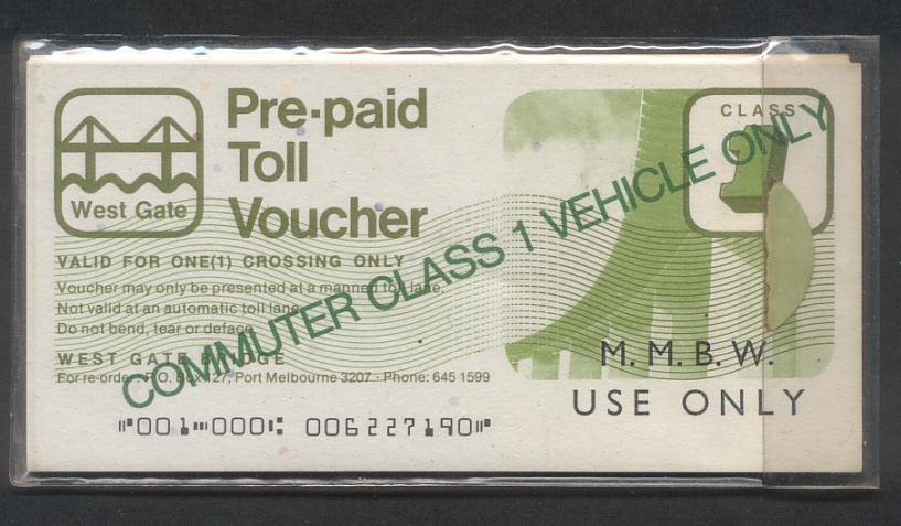 West Gate Bridge Prepaid Toll Voucher x 17, Circa 1970s West Gate Bridge Prepaid Toll Voucher x 17, Circa 1970s