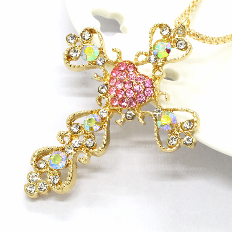 Hot Jewelry Fashion Gold Plated AB Crystal Angel Cross Pendant Chain Necklace Hot Jewelry Fashion Gold Plated AB Crystal Angel Cross Pendant Chain Necklace
