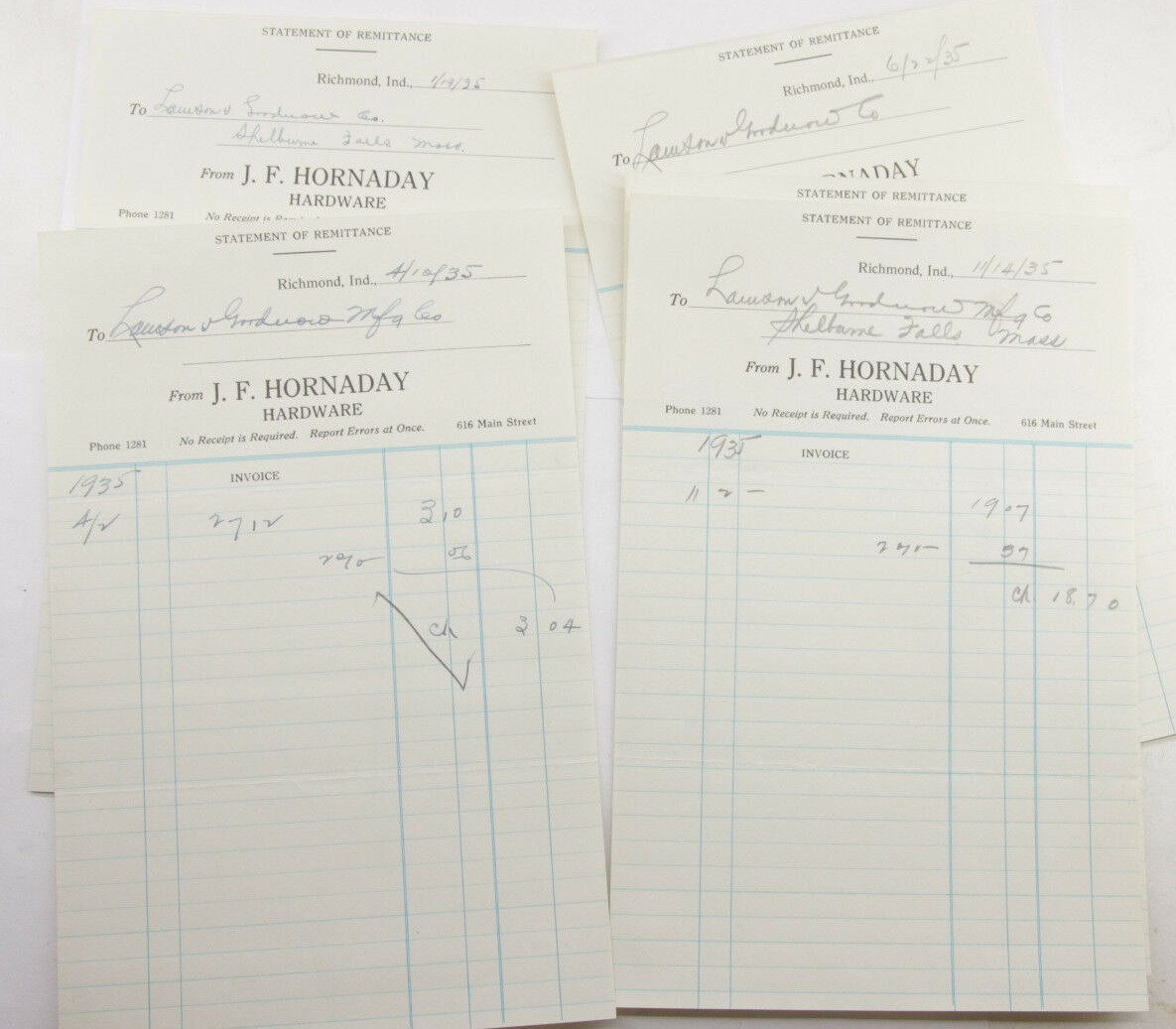1935 Lamson Goodnow J F Hornaday Hardware Richmond IN Vouchers Ephemera P769J 1935 Lamson Goodnow J F Hornaday Hardware Richmond IN Vouchers Ephemera P769J
