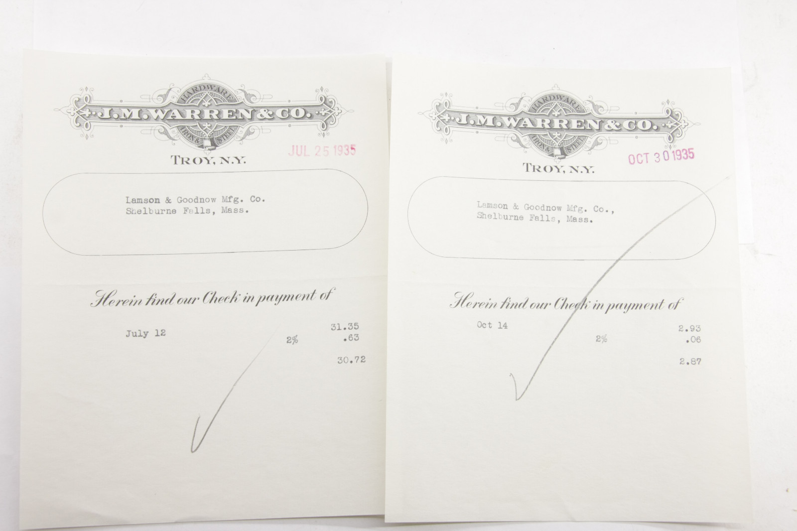 1935 Lamson Goodnow J M Warren And Co Troy NY Payment Vouchers Ephemera P770G 1935 Lamson Goodnow J M Warren And Co Troy NY Payment Vouchers Ephemera P770G