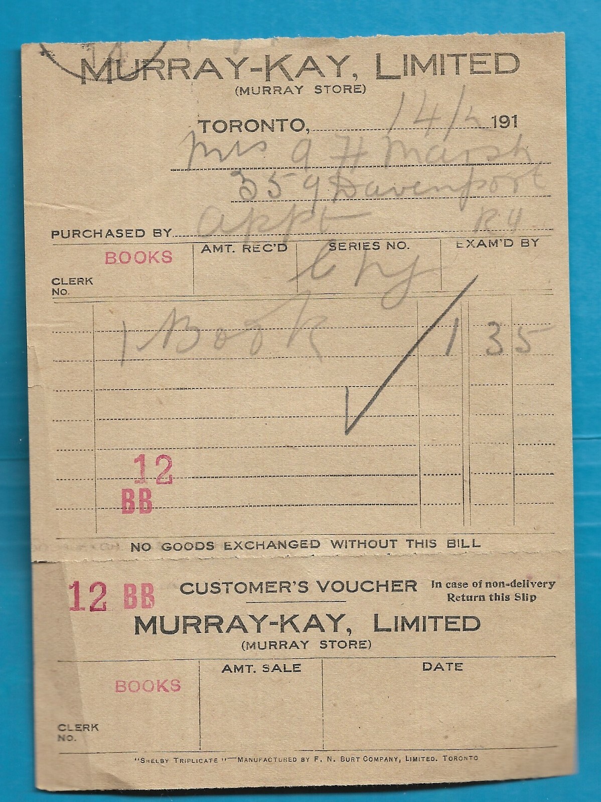 Original sales slip/voucher, Murray-Kay Ltd. Toronto, circa 1910 Original sales slip/voucher, Murray-Kay Ltd. Toronto, circa 1910