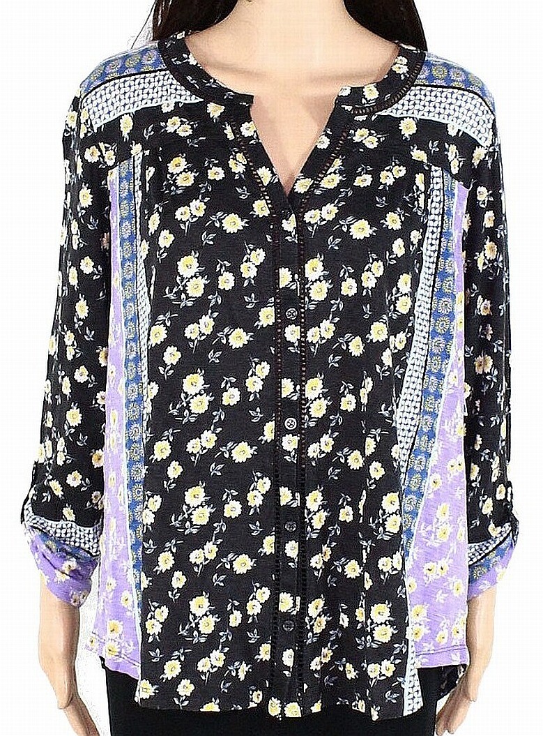 Style & Co Womens Peasant Top Black Purple 2X Plus Floral Split-Neck 055 Style & Co Womens Peasant Top Black Purple 2X Plus Floral Split-Neck 055