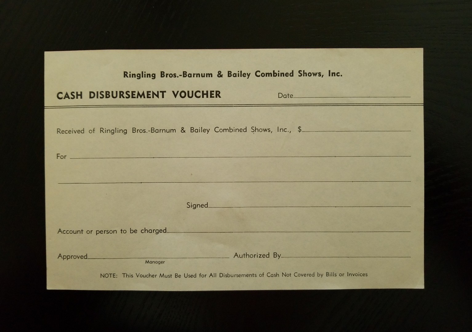 Vintage~Cash Disbursement Voucher (Unused)~ Ringling Bros.-Barnum & Bailey Shows Vintage~Cash Disbursement Voucher (Unused)~ Ringling Bros.-Barnum & Bailey Shows