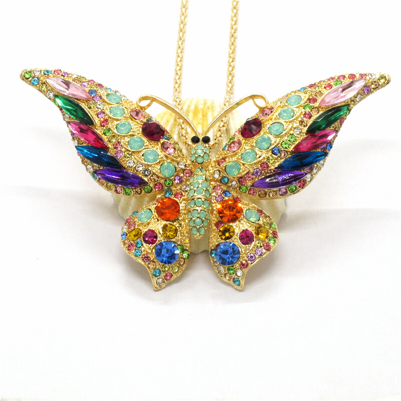 Hot Mixed Color Bling Butterfly Crystal Jewelry Fashion Pendant Women Necklace