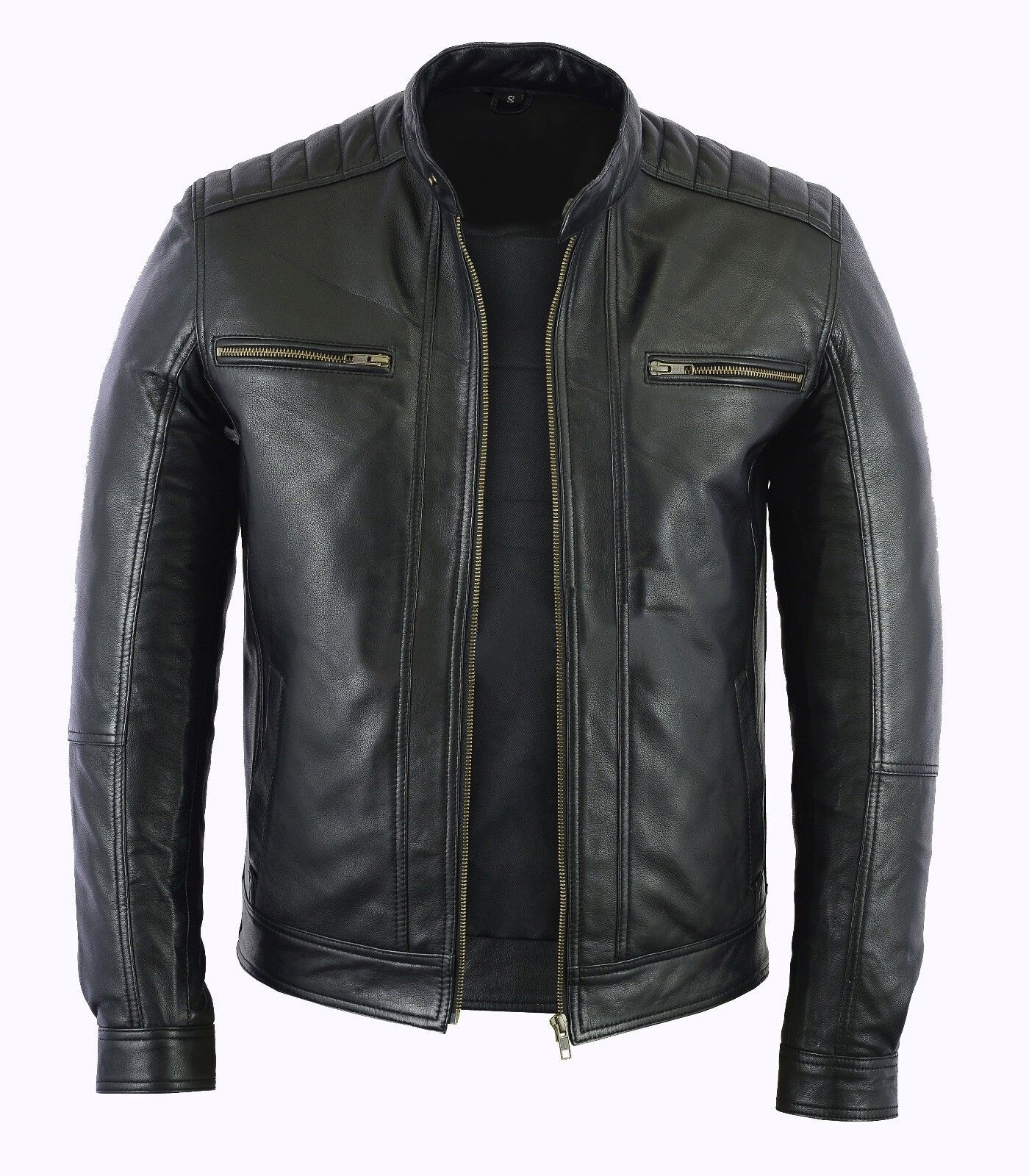 Mens Fashion Real Leather lambskin Leather Biker Style Motorcycle Jacket Black