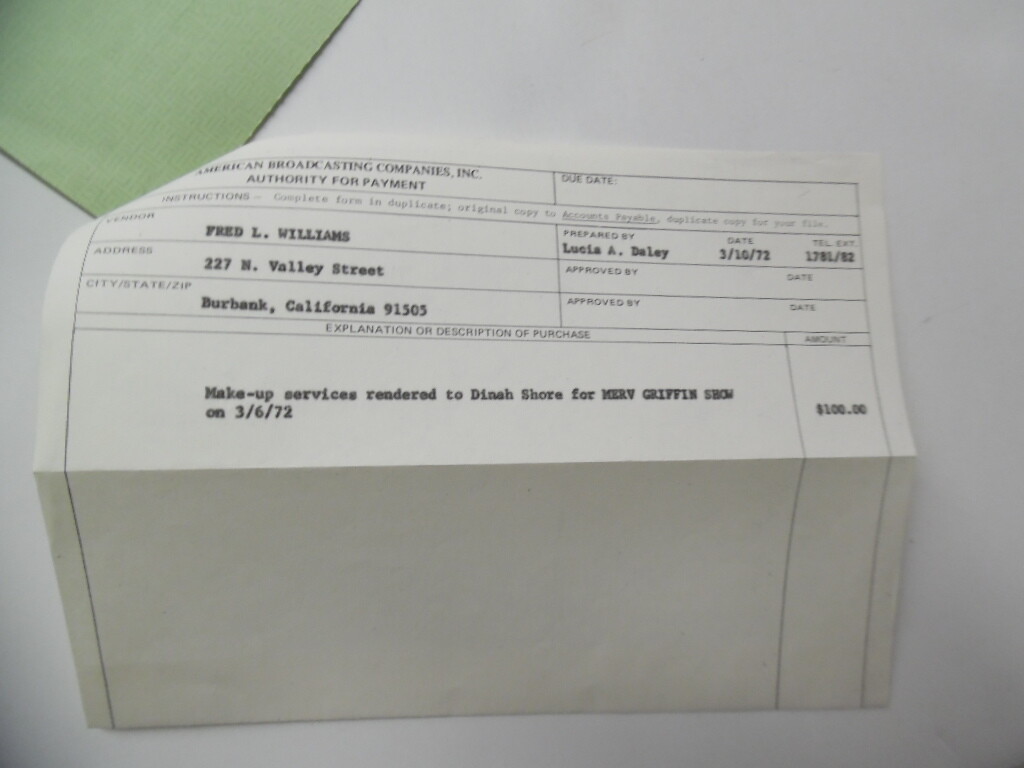 1972 Dinah Shore TV Make-Up Merv Griffin Show Pay Voucher ABC Vintage ORIGINAL 1972 Dinah Shore TV Make-Up Merv Griffin Show Pay Voucher ABC Vintage ORIGINAL